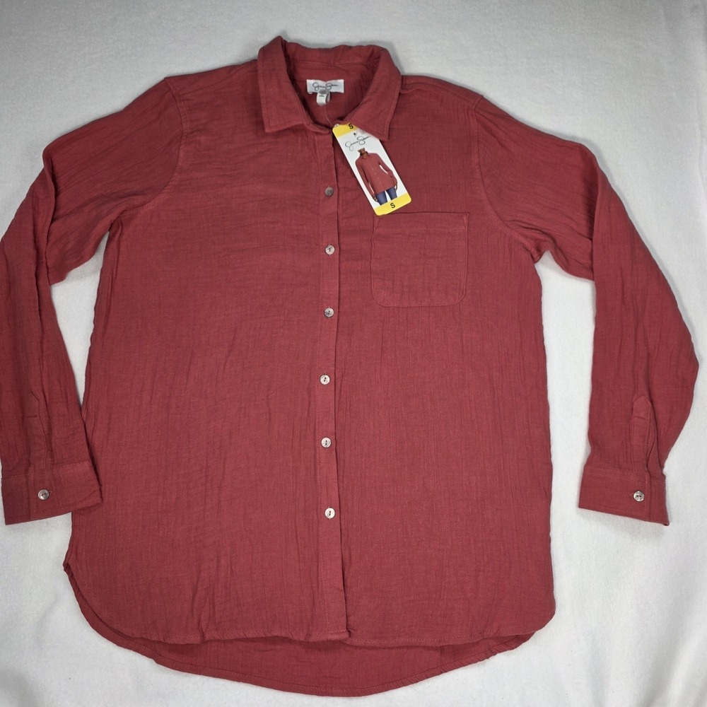 Jessica Simpson Women's Collared Relaxed Loose Fit Shirt, Coral Red, Size S - Picture 4 of 9